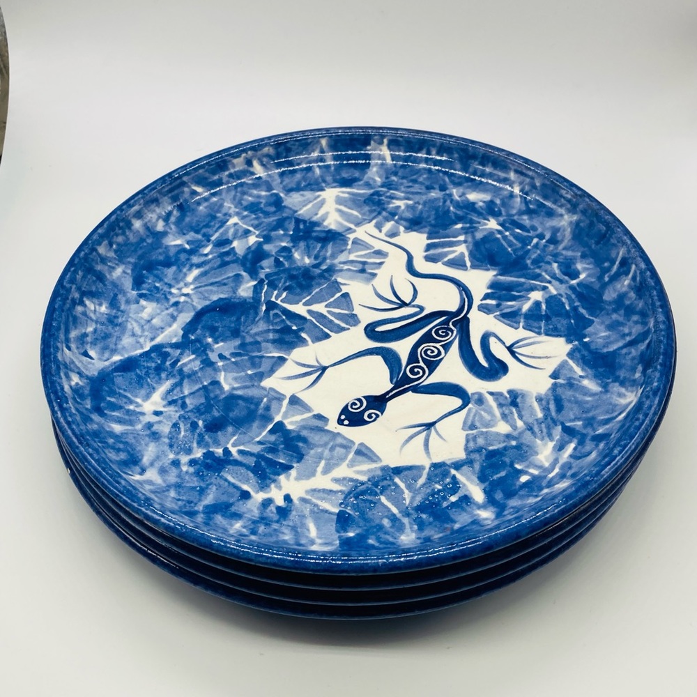 Vintage 2002 David Francke Signed Ceramic Plates Blue/ White Lizard And Sail Boa